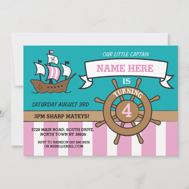 Girl's Pirate Ship Nautical Birthday Party Invite (Front)