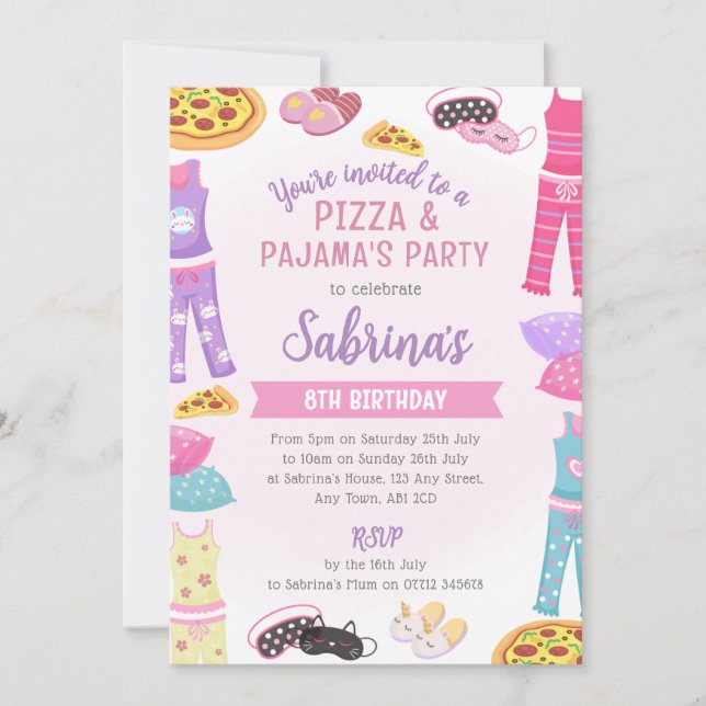 Girls Pizza & Pajama Party Invite - Sleepover Fun (Front)