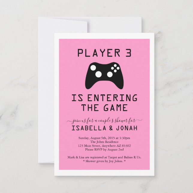 Girls Player 3 Video Game Baby / Couple's Shower Invitation (Front)