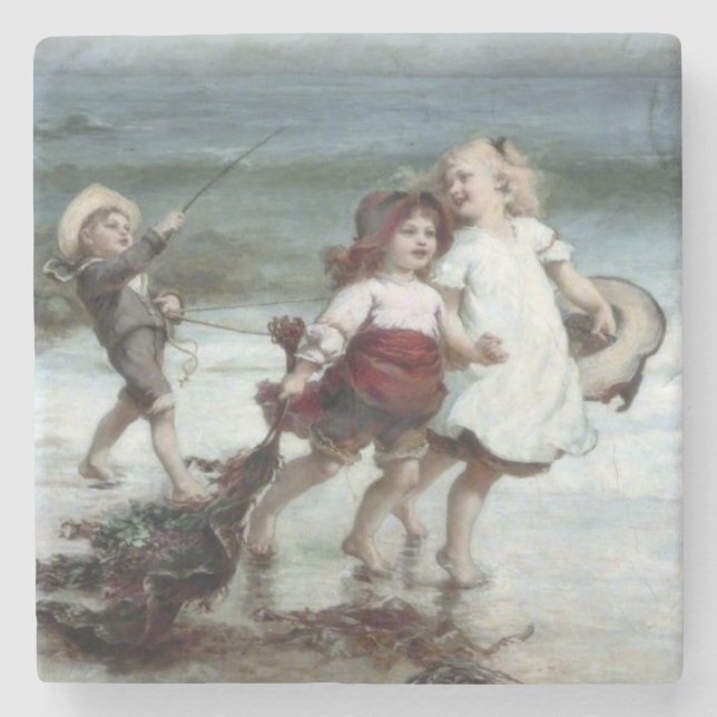 Girls Playing as Horses on the Beach Stone Coaster (Front)