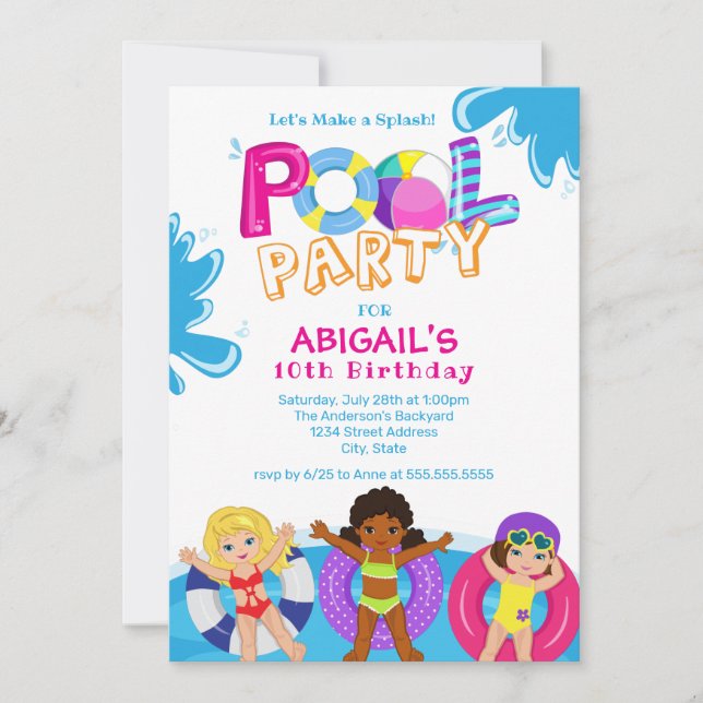 Girls Pool Party 10th Birthday Invitation (Front)
