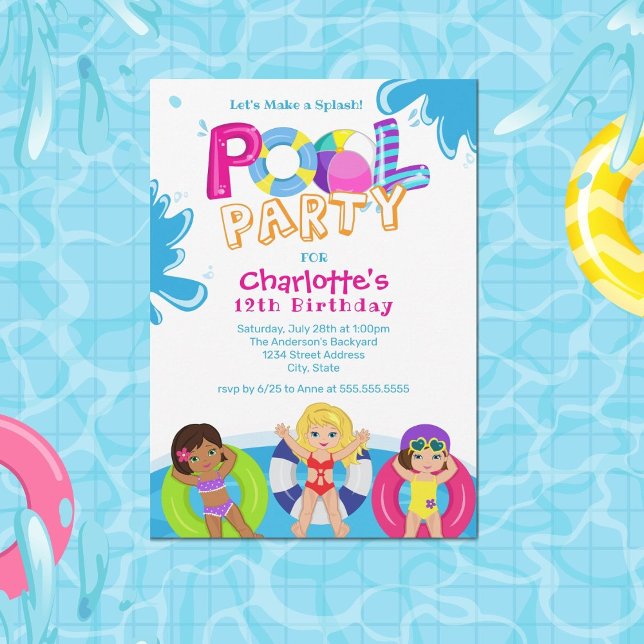 Girls Pool Party 12th Birthday Invitation (Creator Uploaded)
