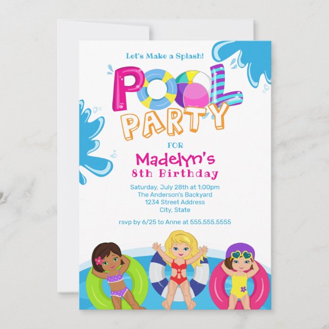 Girls Pool Party 8th Birthday Invitation (Front)