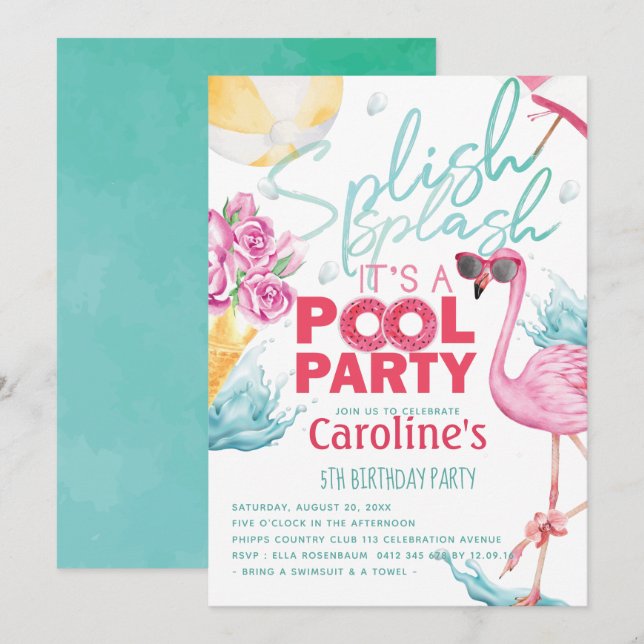Girls Pool Party Birthday Invitation (Front/Back)