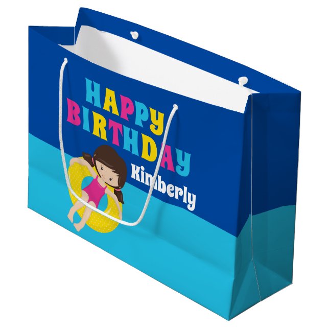 Girls Pool Party Birthday Pretty Personalised Large Gift Bag (Front Angled)