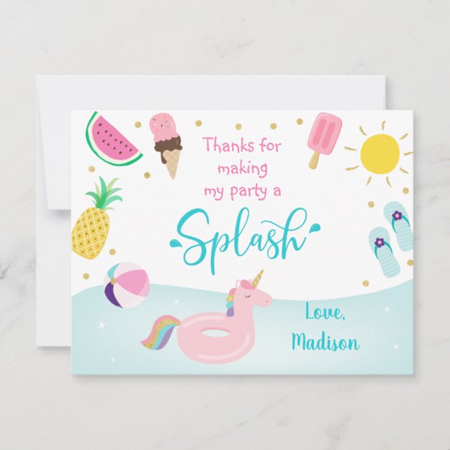 Girls Pool Party Birthday Thank You Card (Front)