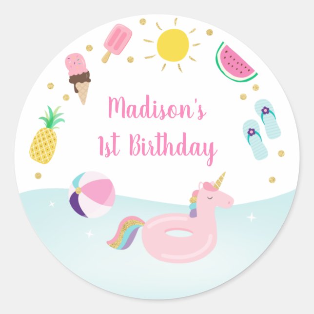 Girls Pool Party Ice Cream Birthday Classic Round Sticker (Front)