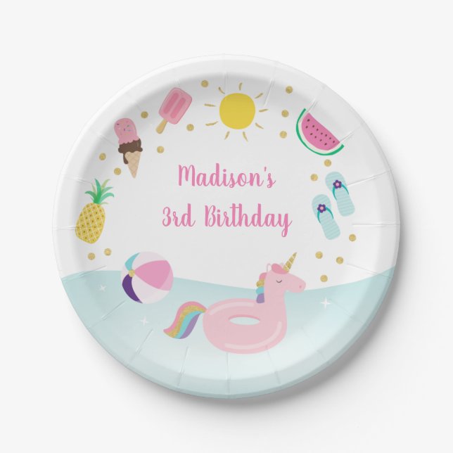 Girls Pool Party Ice Cream Sunshine Birthday Paper Plate (Front)