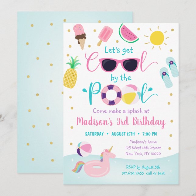 Girls Pool Party Let's Get Cool Birthday Invitation (Front/Back)