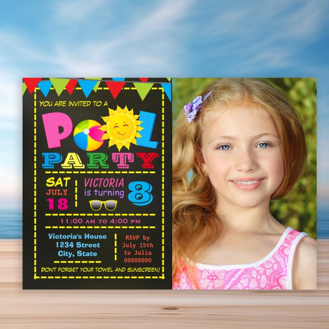 Girls Pool Party Pool Birthday Party Invitation (Girl any number pool birthday party invitation. Simply add your details and photo.)