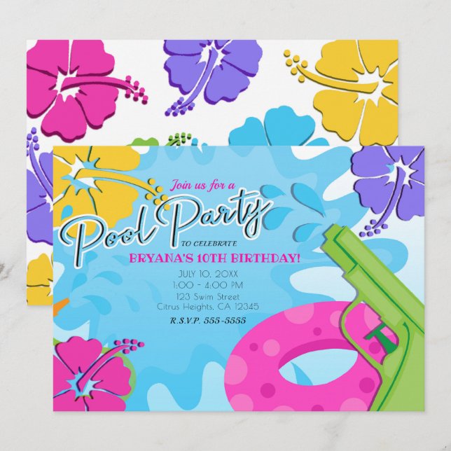 Girls Pool Party Squirt Gun Water Summer Hibiscus Invitation (Front/Back)