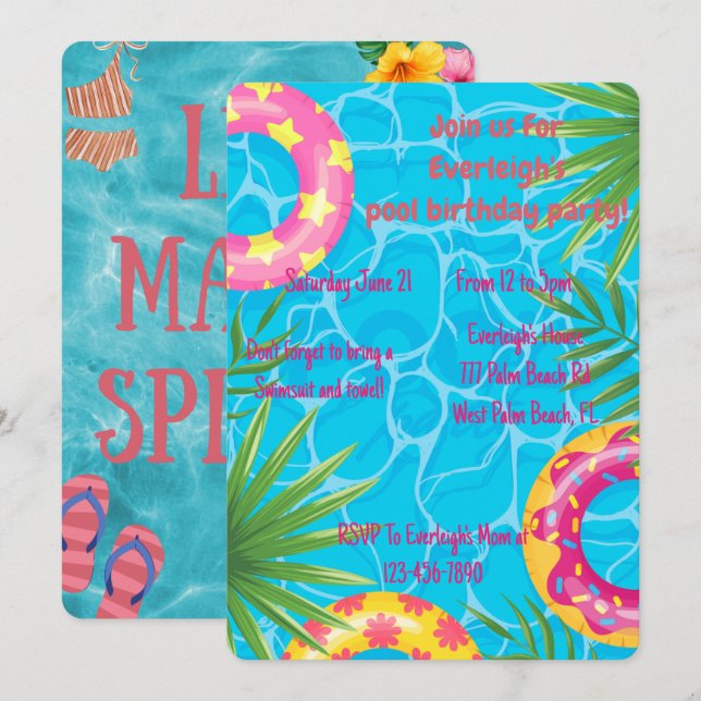 Girls Pool Party Summer Birthday Invitation (Front/Back)