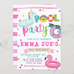 Girl's Pool Party Unicorn Flamingo Float Birthday Invitation