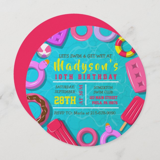 GIRLS POOL SWIM FLOATS Birthday Party Invitation (Front/Back)
