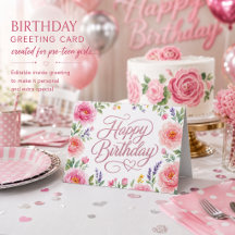Girls Pretty Happy Birthday Silver Pink Floral