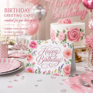 Girls Pretty Happy Birthday Silver Pink Floral Card