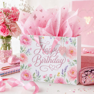 Girls Pretty Happy Birthday Silver Pink Floral Large Gift Bag