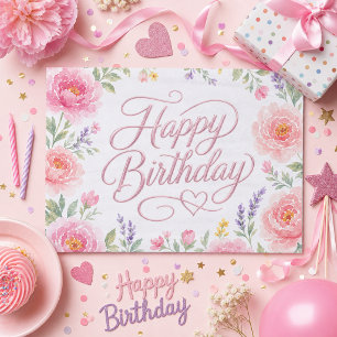 Girls Pretty Happy Birthday Silver Pink Floral Tissue Paper