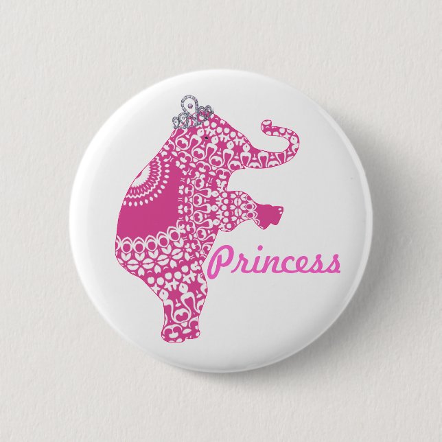 Girls Pretty Pink Princess Elephant Button Badge (Front)