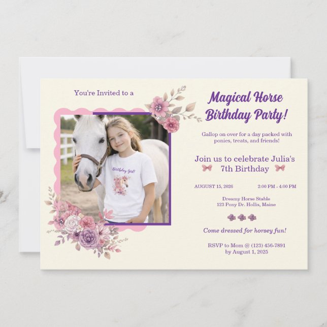 Girls Pretty Ponies Pastel Floral Horse Invitation (Front)