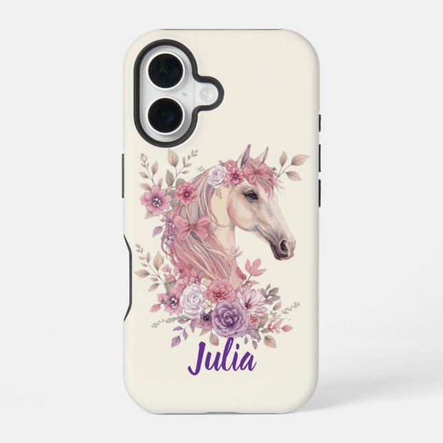 Girls Pretty Ponies Pastel Floral Horse iPhone 16 Case (Back)