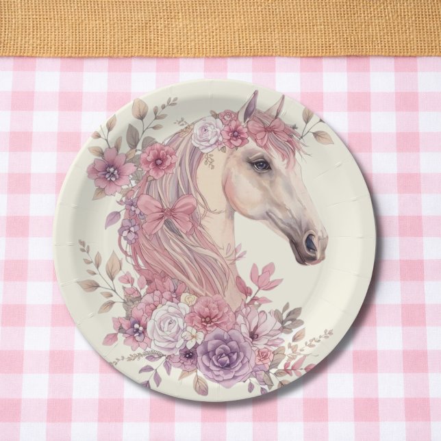 Girls Pretty Ponies Pastel Floral Horse Paper Plate (Creator Uploaded)