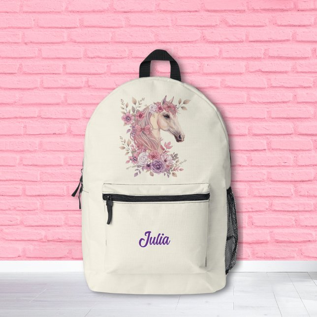 Girls Pretty Ponies Pastel Floral Horse Printed Backpack (Creator Uploaded)