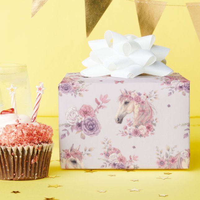 Girls Pretty Ponies Pastel Floral Horse Wrapping Paper (Birthday Party)
