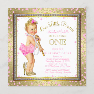 Girls Princess 1st Birthday Party Pink Gold Invitation