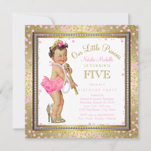 Girls Princess 5th Birthday Party Pink Gold Invitation (Front)