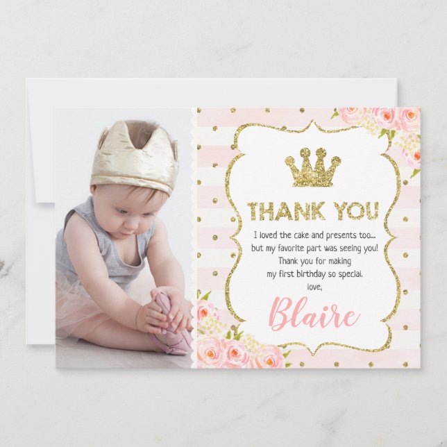 Girl's princess crown 1st birthday thank you card (Front)