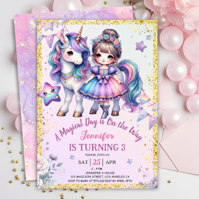 Girls Princess Unicorn 3rd Birthday Purple Gold  Invitation (Creator Uploaded)