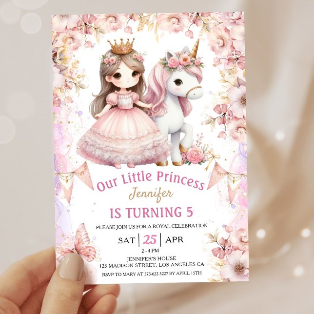Girls Princess Unicorn 5th Birthday Invitation (Creator Uploaded)