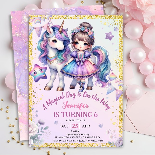 Girls Princess Unicorn 6th Birthday Purple Gold Invitation (Creator Uploaded)