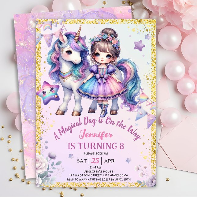 Girls Princess Unicorn 8th Birthday Purple Gold Invitation (Creator Uploaded)