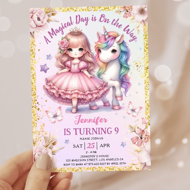 Girls Princess Unicorn 9th Birthday Pink Gold Invitation (Creator Uploaded)