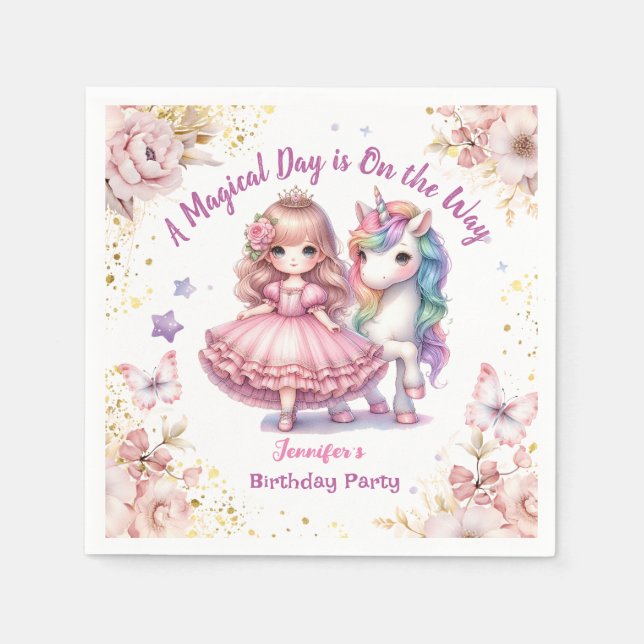 Girls Princess Unicorn Birthday  Birthday Party Napkin (Front)