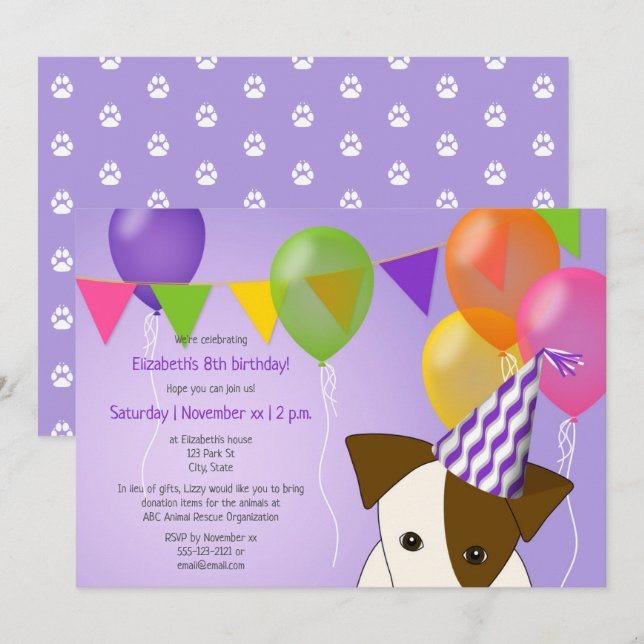 girls puppy birthday purple multicolor balloons invitation (Front/Back)