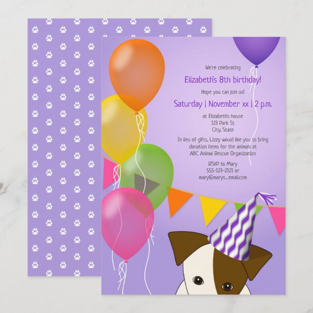 girls puppy birthday purple multicolor balloons invitation (Front/Back)