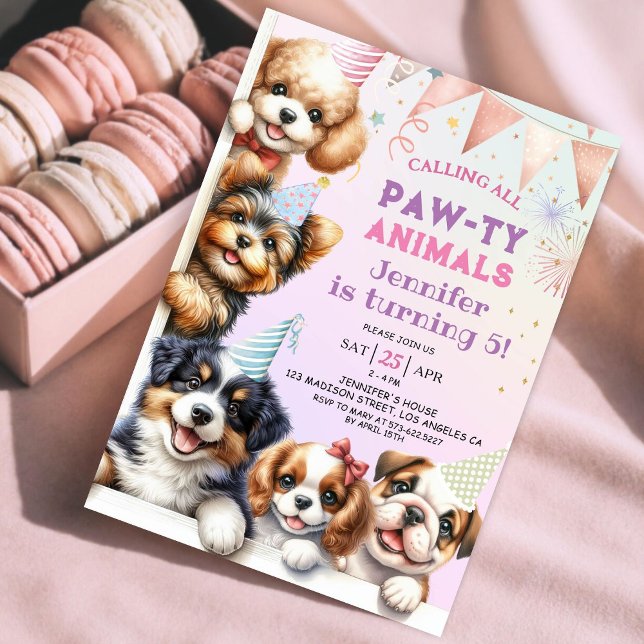Girls Puppy Dog Pawty 5th Birthday Invitation (Creator Uploaded)