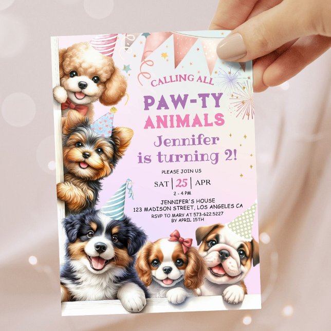 Girls Puppy Lets Pawty 2nd Birthday Invitation (Creator Uploaded)