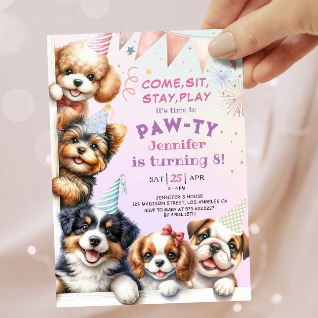 Girls Puppy Lets Pawty 8th Birthday Invitation (Creator Uploaded)