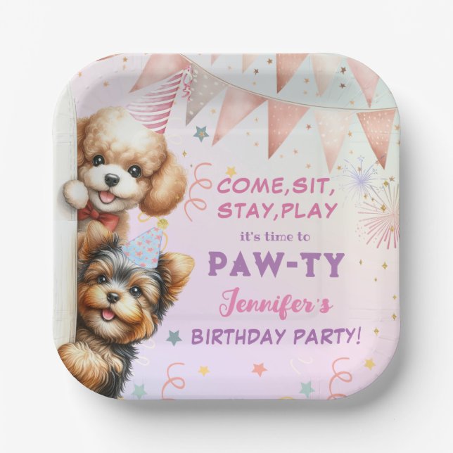Girls Puppy Lets Pawty Birthday Paper Plate (Front)