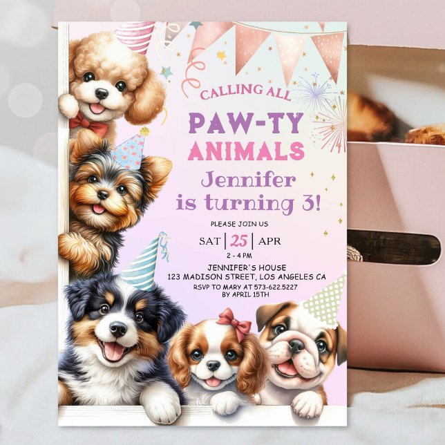 Girls Puppy Pawty 3rd Birthday Party Invitation (Creator Uploaded)