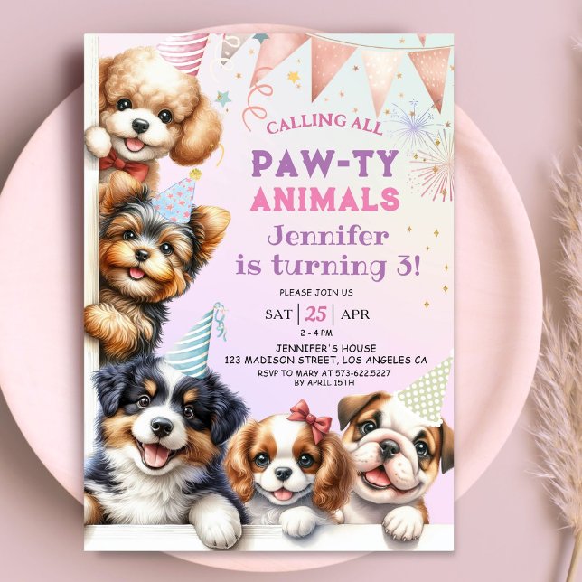 Girls Puppy Pawty Party 3rd Birthday Invitation (Creator Uploaded)