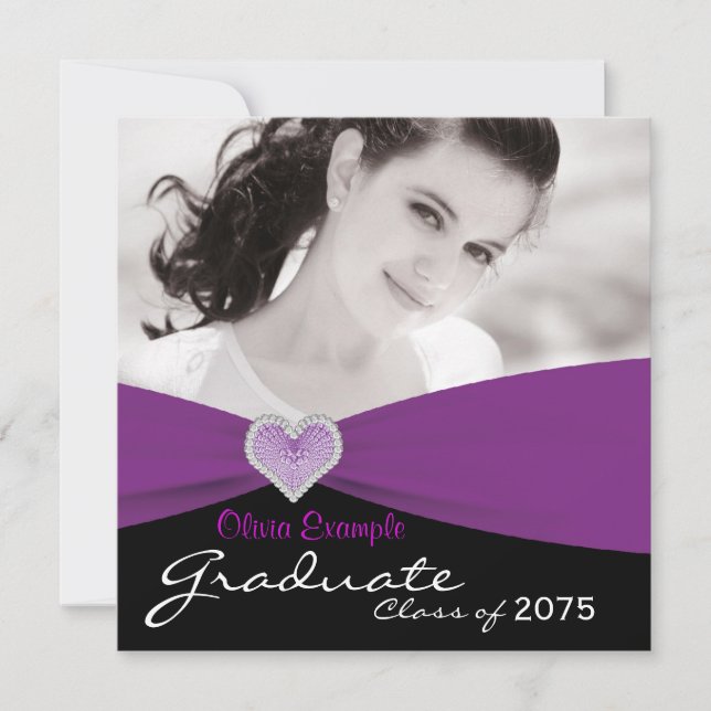 Girls Purple and Black Photo Graduation Invitation (Front)