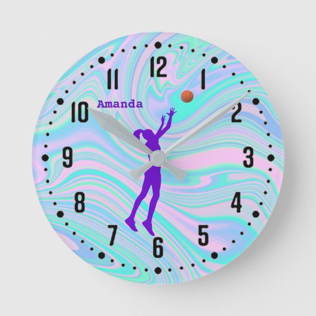 Girls Purple Basketball Hologram Round Clock (Front)