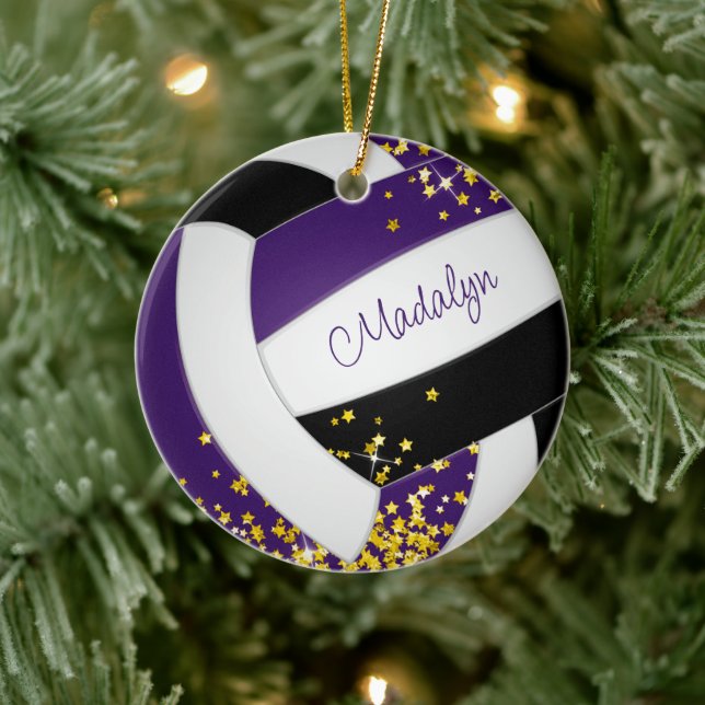 girls purple black volleyball with tiny gold stars ceramic tree decoration (Tree)