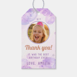 Girls Purple Bubbles Photo Birthday Thank You Gift Tags