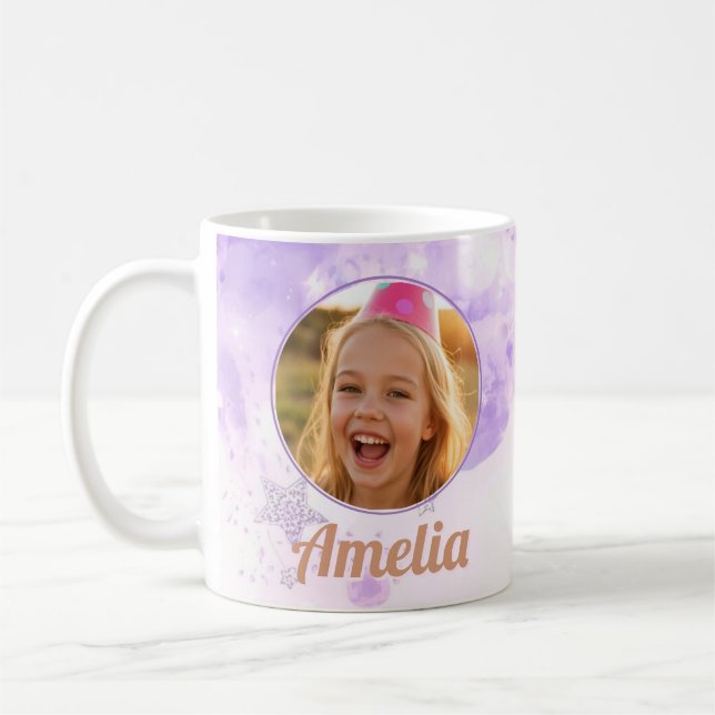 Girls Purple Bubbles Photo Name Birthday Coffee Mug (Left)